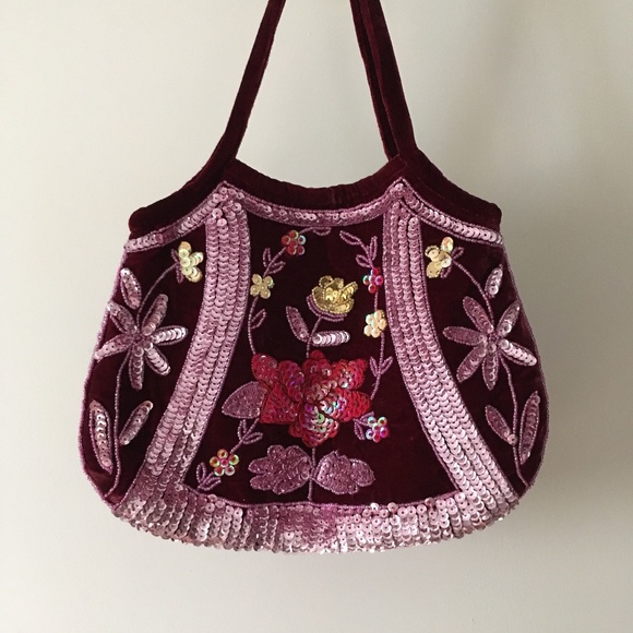 Gorgeous Vintage Burgundy Velvet + Sequin Evening Bag Lined in Burgundy Satin - Picture 3 of 5